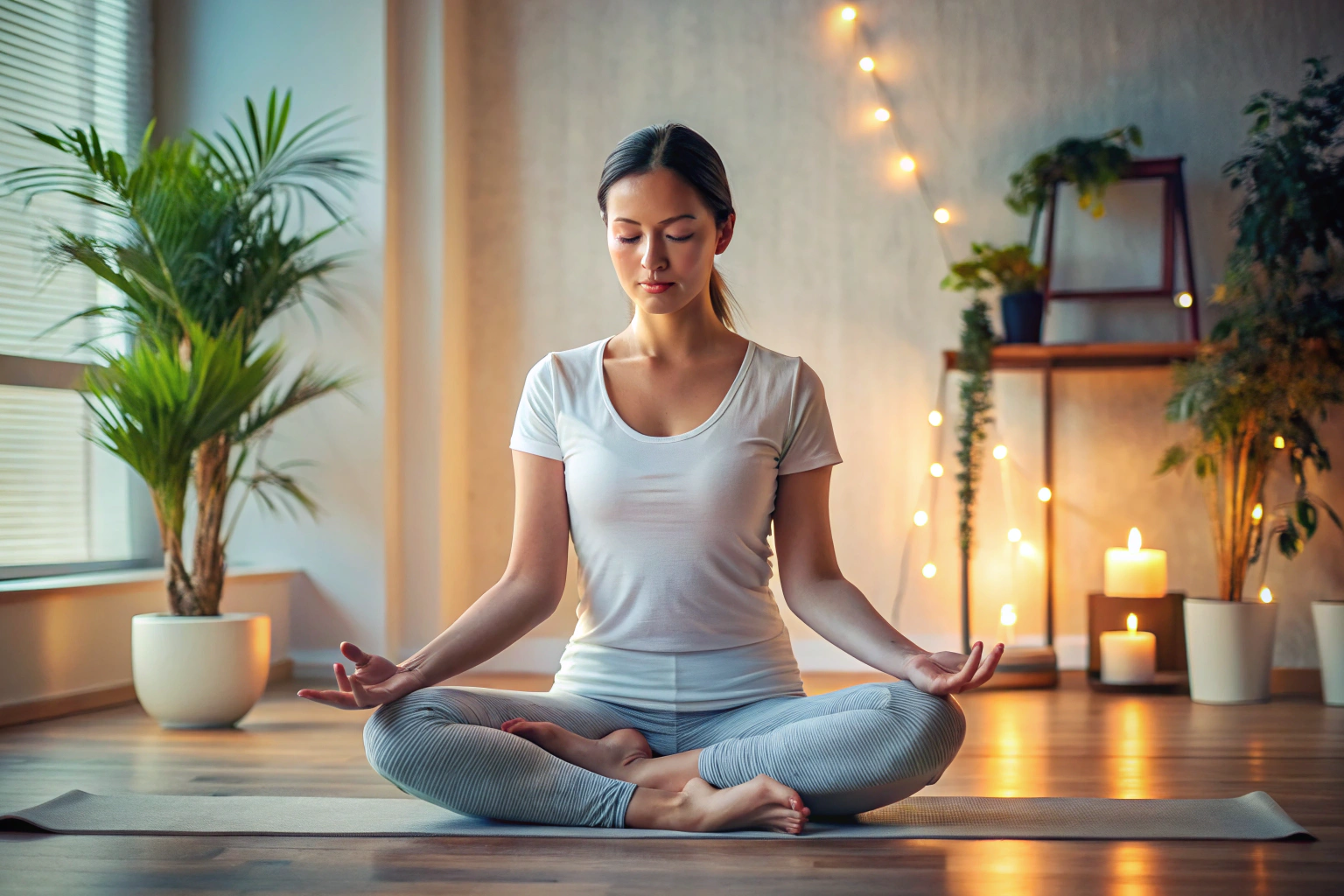 Eine Person in einer meditativen Yoga-Pose, sitzend mit geschlossenen Augen in einem ruhigen, neutralen Raum mit weichem Licht, um Entspannung und Fokus zu symbolisieren
