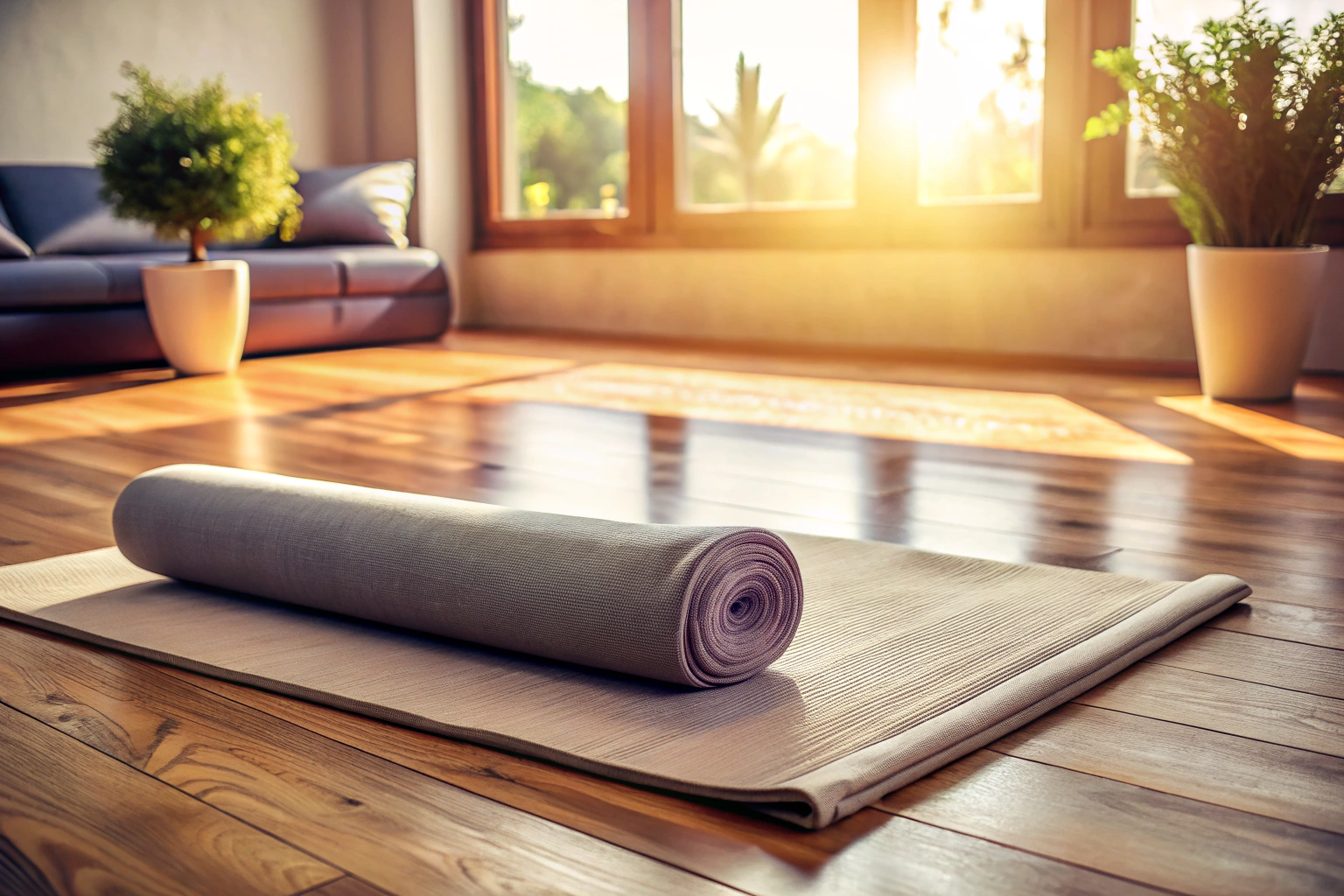 A peaceful and neutral image of a yoga mat and cushion arranged simply on a wooden floor, with soft light creating a serene atmosphere, free of any text or branding