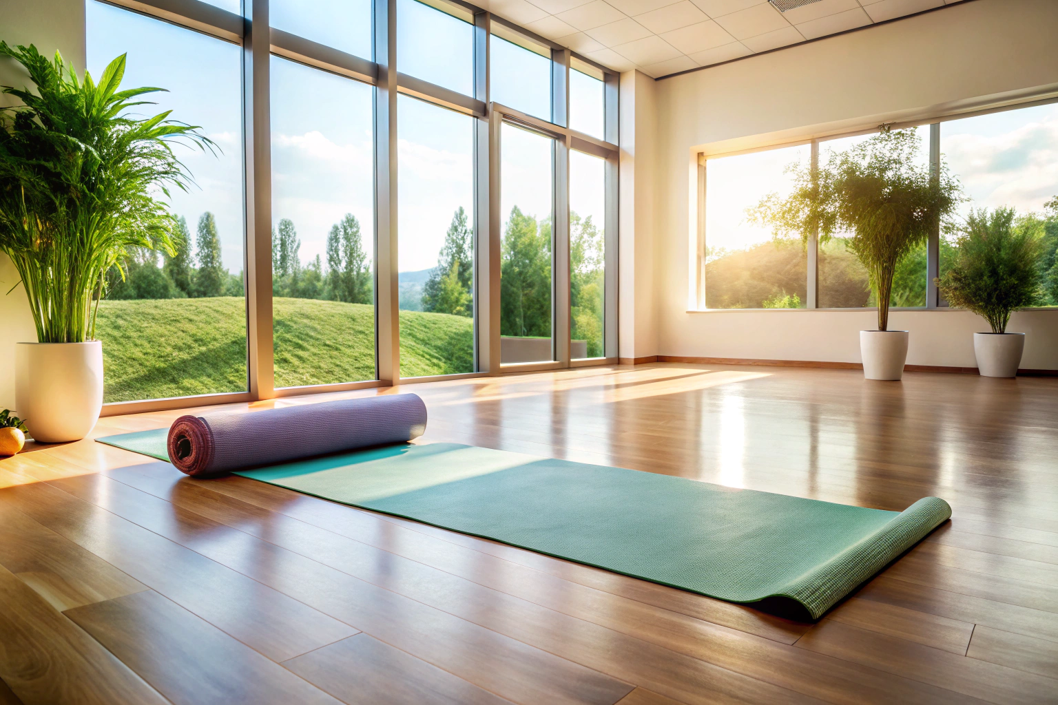 A yoga mat placed on a clean floor in a tranquil setting with soft natural light, suggesting a private and personalized space for practice